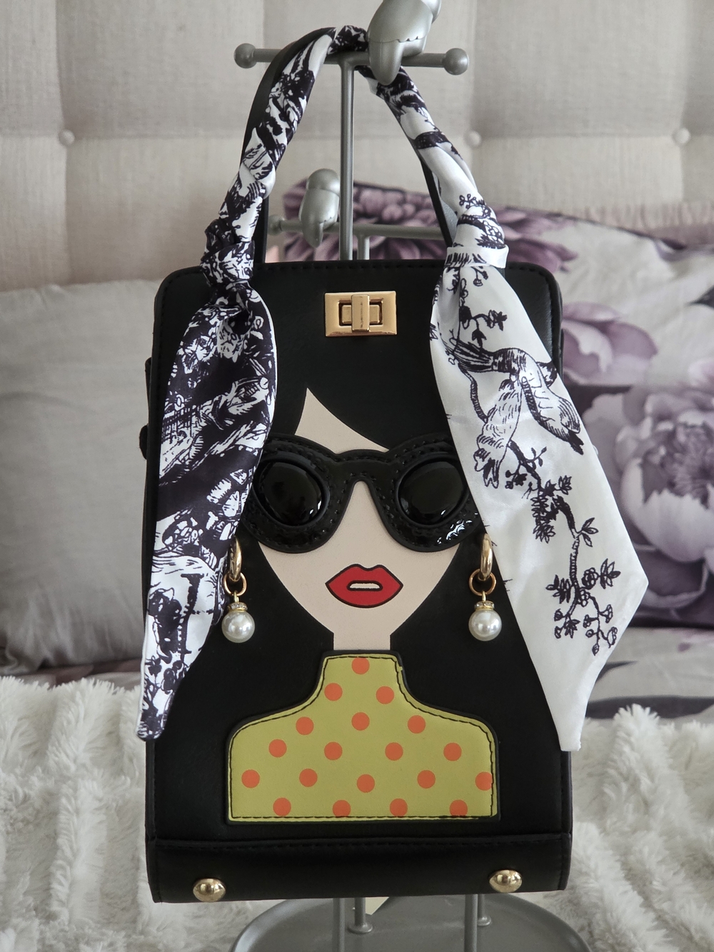 Black Novelty Portrait Satchel with Scarf-Style Handles